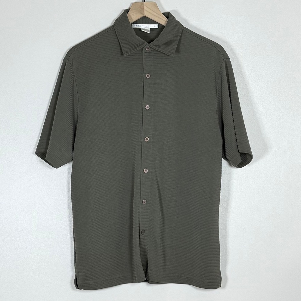 Perry Ellis Y2K Mens Button Up Shirt Size M Green Ribbed Modal Blend Old Money
